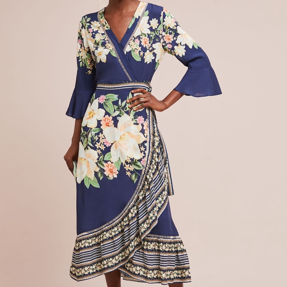Farm Rio Midnight Flower Floral Wrap Dress in Blue
